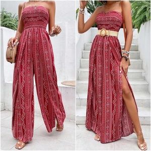 Boho Red paisley Print Strapless Wide leg Jumpsuit